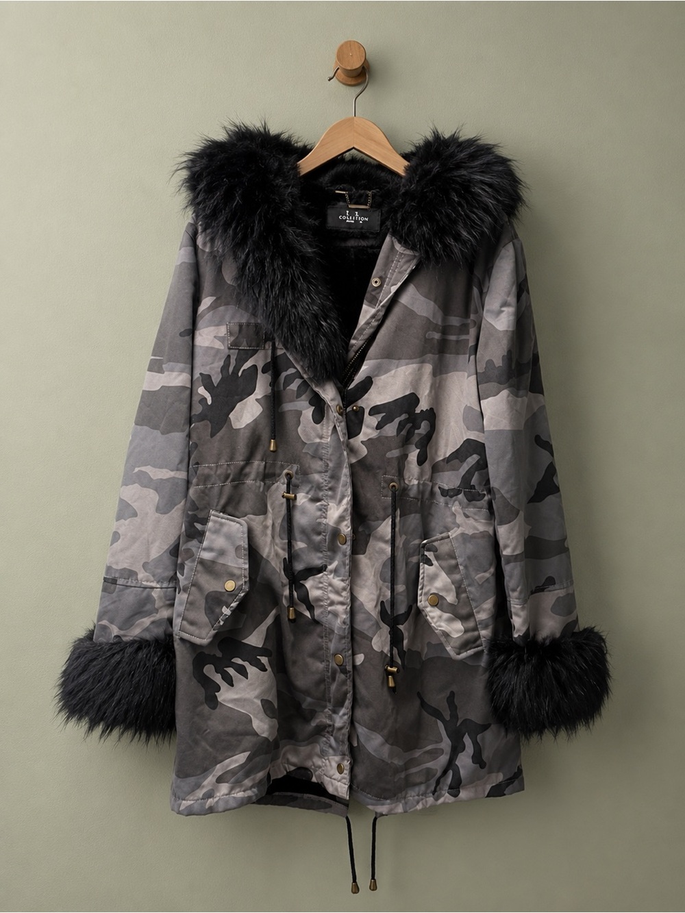 Coalition LA Gray Camouflage Utility Parka with Black Faux-Fur Trim